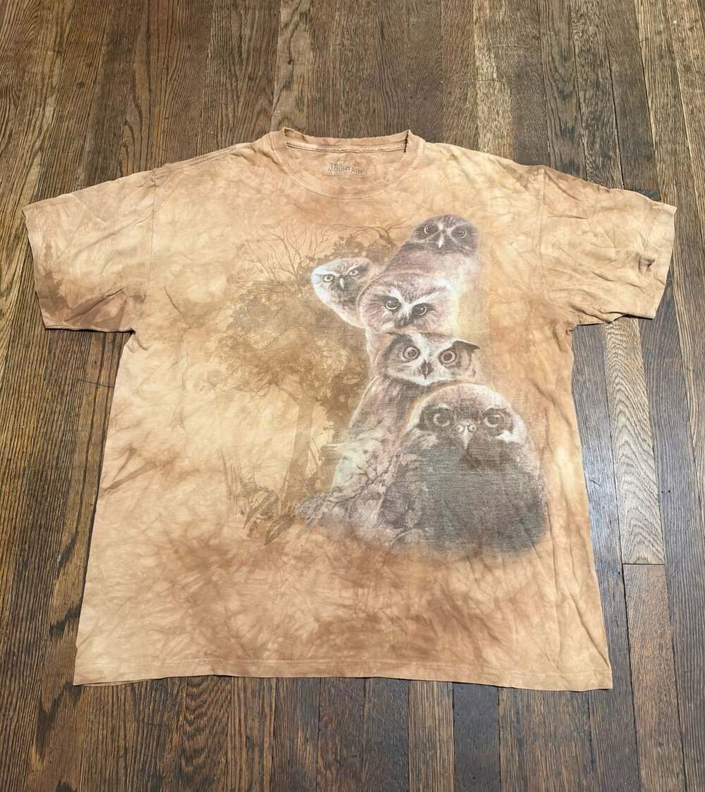 Vintage The Mountain Owl Graphic T-Shirt Brown Tie Dye Distressed Neck Collar XL